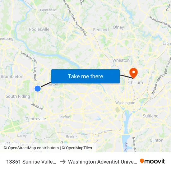 13861 Sunrise Valley Dr to Washington Adventist University map