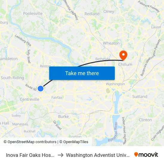 Inova Fair Oaks Hospital to Washington Adventist University map