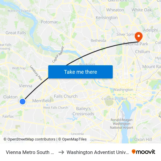 Vienna Metro South Bay S to Washington Adventist University map