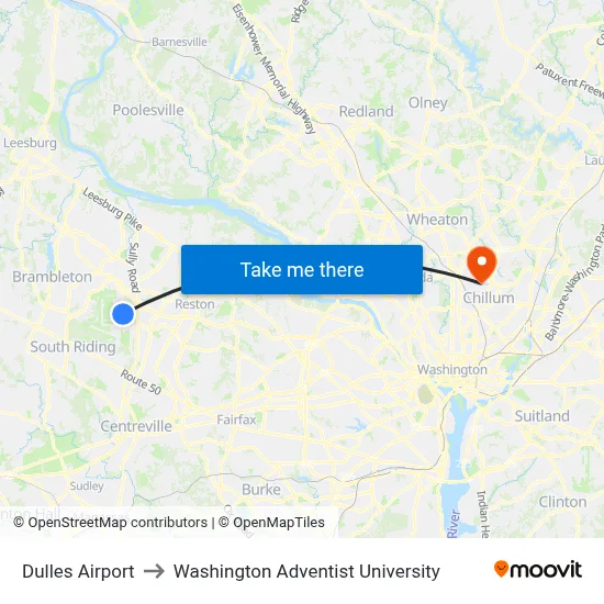 Dulles Airport to Washington Adventist University map