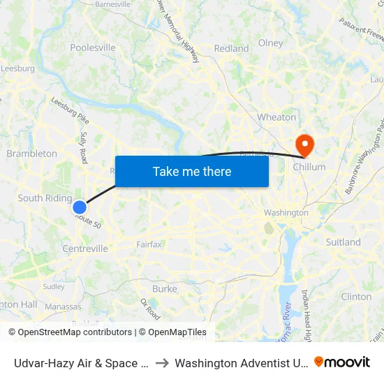 Udvar-Hazy Air & Space Museum to Washington Adventist University map