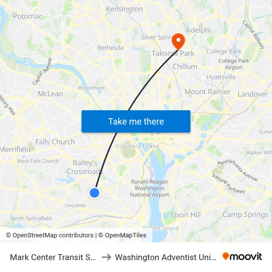 Mark Center Transit Station to Washington Adventist University map