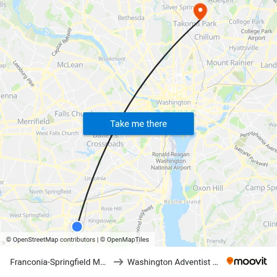Franconia-Springfield Metro Bay J to Washington Adventist University map