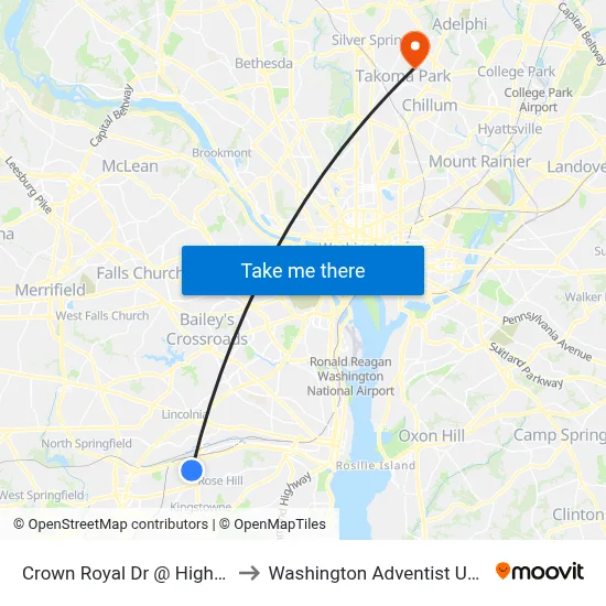 Crown Royal Dr @ Highdale Cir to Washington Adventist University map