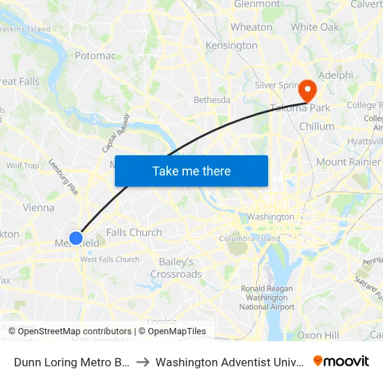 Dunn Loring Metro Bay C to Washington Adventist University map