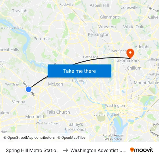 Spring Hill Metro Station Bay C to Washington Adventist University map