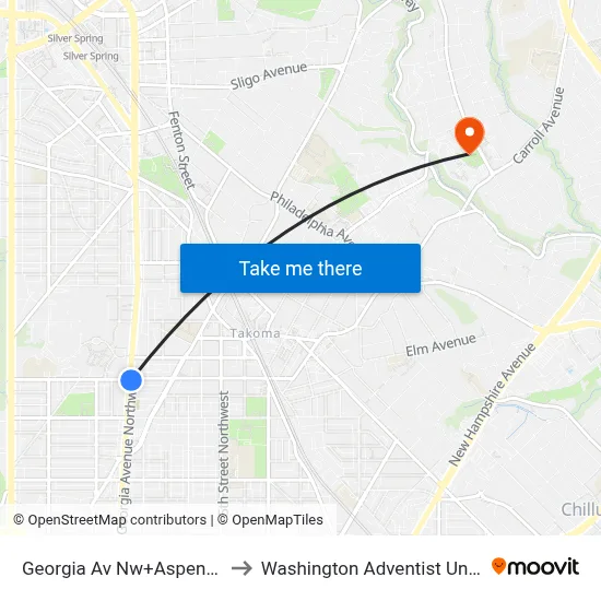 Georgia Av Nw+Aspen St NW to Washington Adventist University map