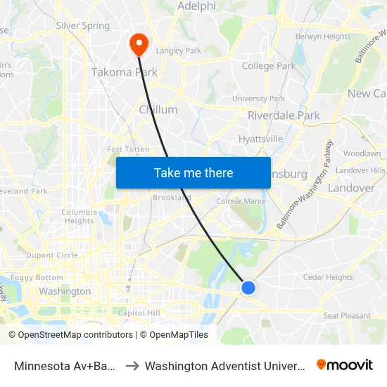 Minnesota Av+Bay B to Washington Adventist University map
