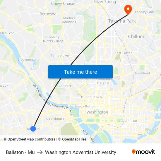 Ballston - Mu to Washington Adventist University map
