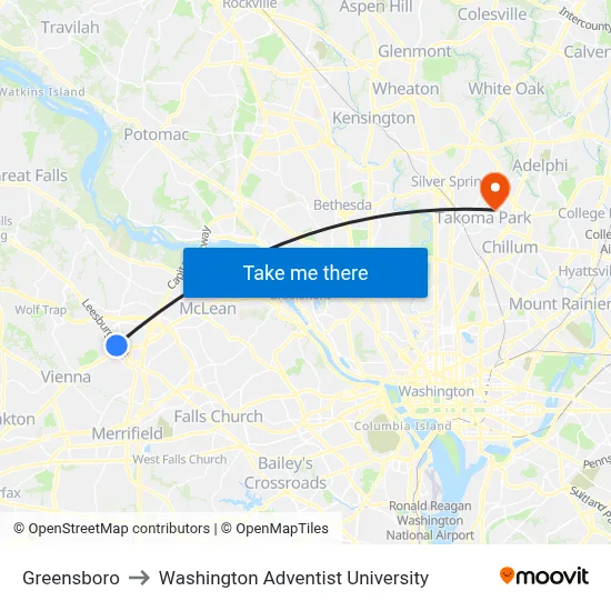 Greensboro to Washington Adventist University map
