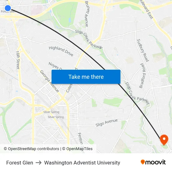 Forest Glen to Washington Adventist University map
