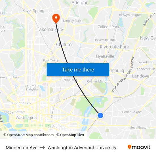 Minnesota Ave to Washington Adventist University map