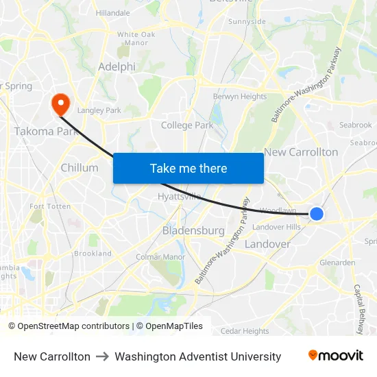 New Carrollton to Washington Adventist University map