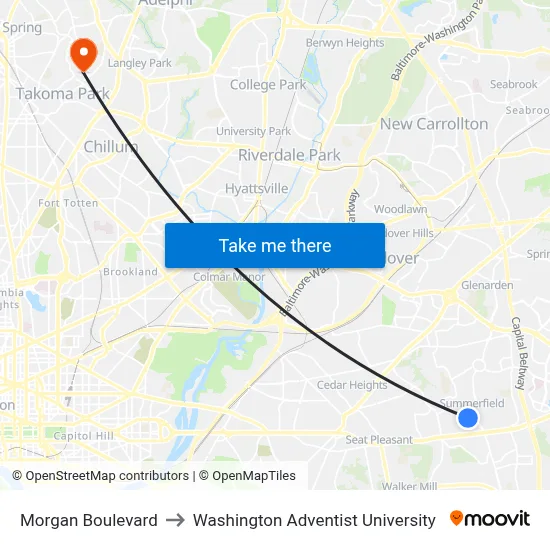 Morgan Boulevard to Washington Adventist University map