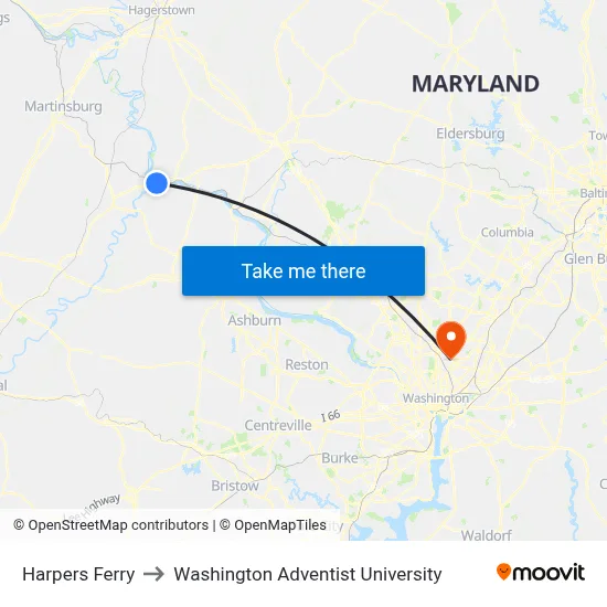 Harpers Ferry to Washington Adventist University map