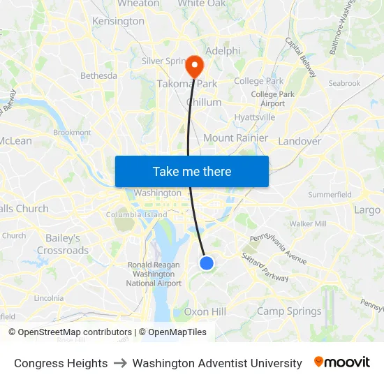 Congress Heights to Washington Adventist University map