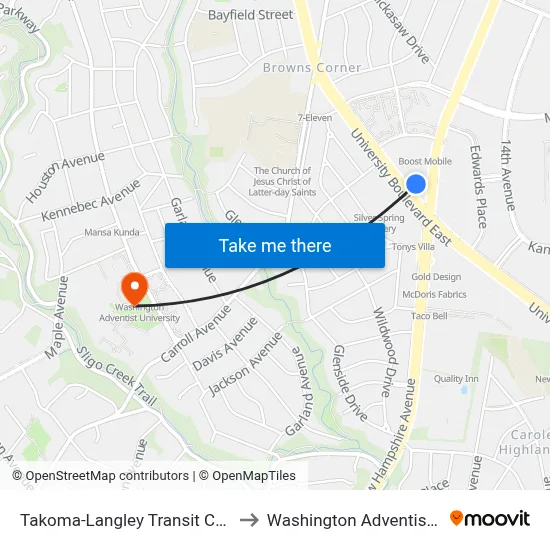 Takoma-Langley Transit Center & Bay F to Washington Adventist University map