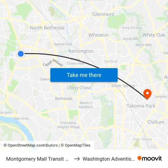 Montgomery Mall Transit Center & Bay A to Washington Adventist University map