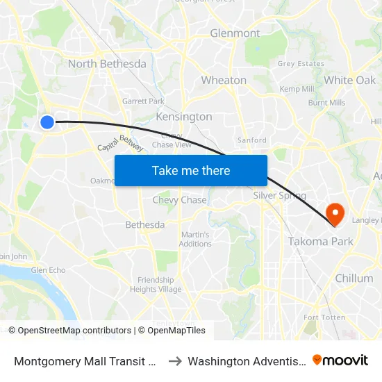 Montgomery Mall Transit Center & Bay B to Washington Adventist University map