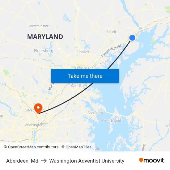 Aberdeen, Md to Washington Adventist University map