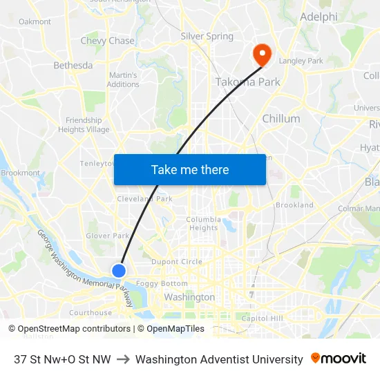37 St Nw+O St NW to Washington Adventist University map