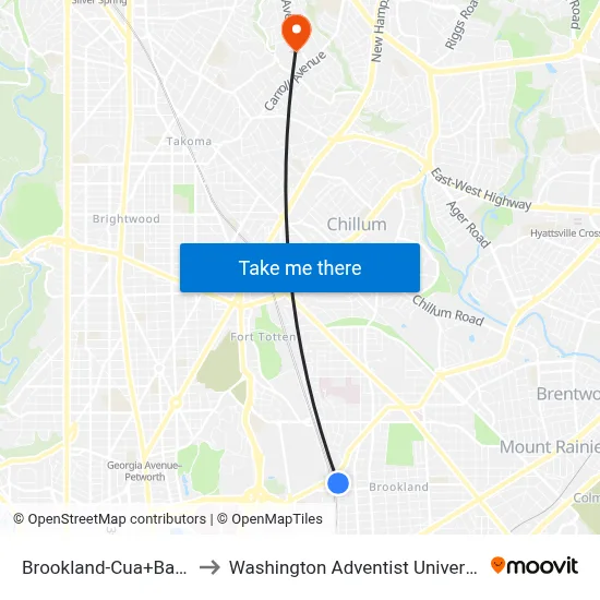 Brookland-Cua+Bay J to Washington Adventist University map