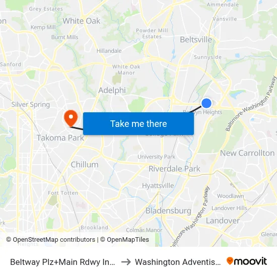 Beltway Plz+Main Rdwy In Frt Of Stores to Washington Adventist University map