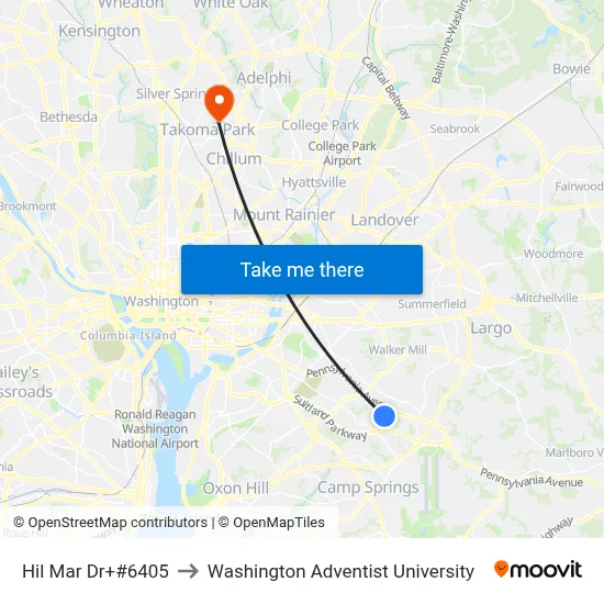 Hil Mar Dr+#6405 to Washington Adventist University map