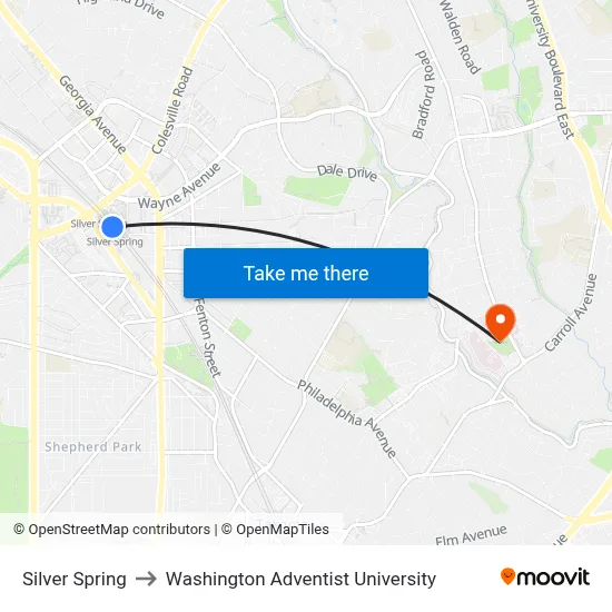 Silver Spring to Washington Adventist University map