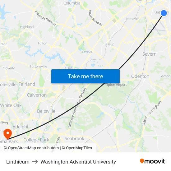 Linthicum to Washington Adventist University map