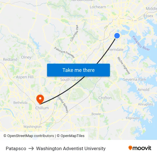 Patapsco to Washington Adventist University map