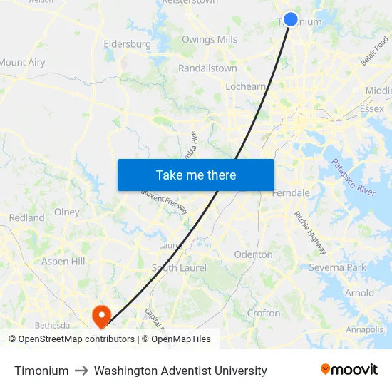 Timonium to Washington Adventist University map