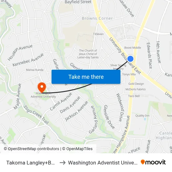 Takoma Langley+Bay C to Washington Adventist University map
