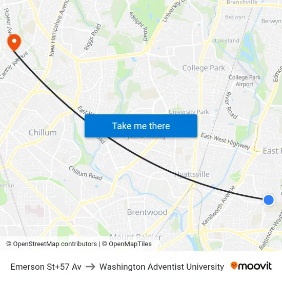 Emerson St+57 Av to Washington Adventist University map