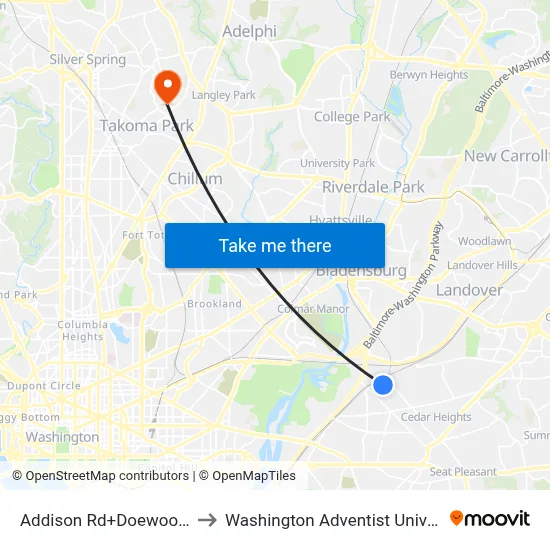 Addison Rd+Doewood Ln to Washington Adventist University map