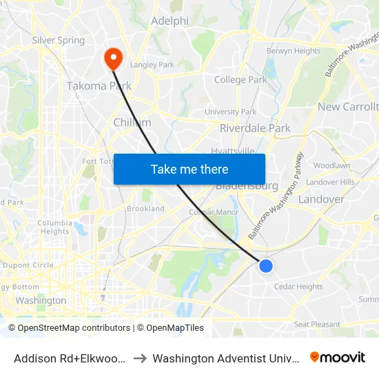 Addison Rd+Elkwood Ln to Washington Adventist University map
