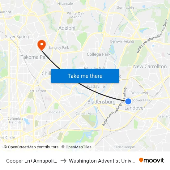 Cooper Ln+Annapolis Rd to Washington Adventist University map