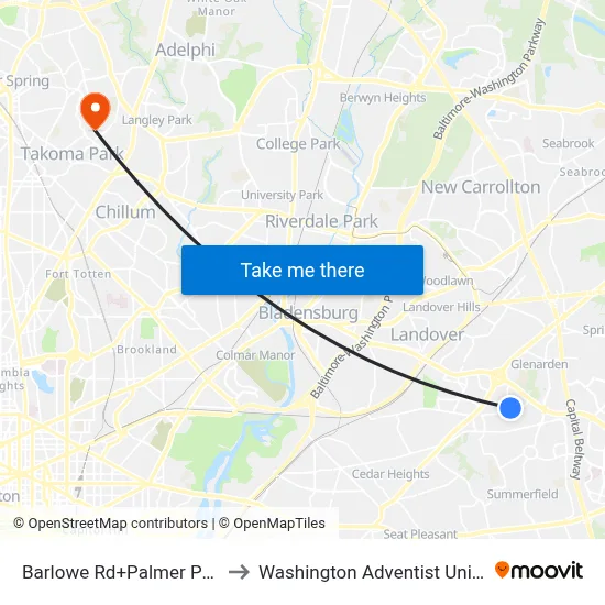 Barlowe Rd+Palmer Park Rd to Washington Adventist University map