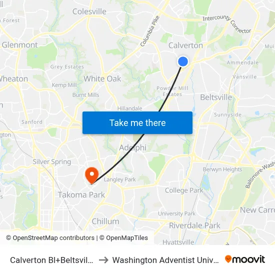 Calverton Bl+Beltsville Dr to Washington Adventist University map