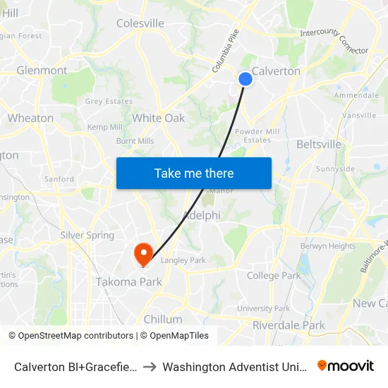 Calverton Bl+Gracefield Rd to Washington Adventist University map