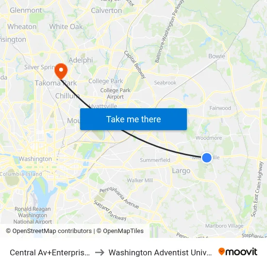Central Av+Enterprise Rd to Washington Adventist University map