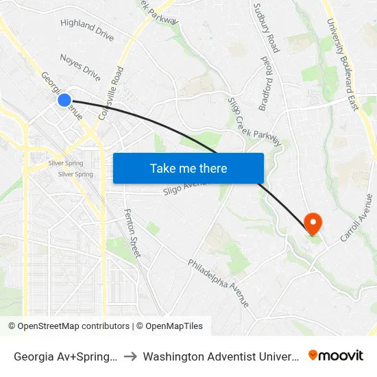 Georgia Av+Spring St to Washington Adventist University map