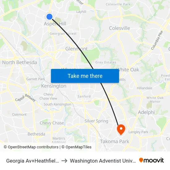 Georgia Av+Heathfield Rd to Washington Adventist University map