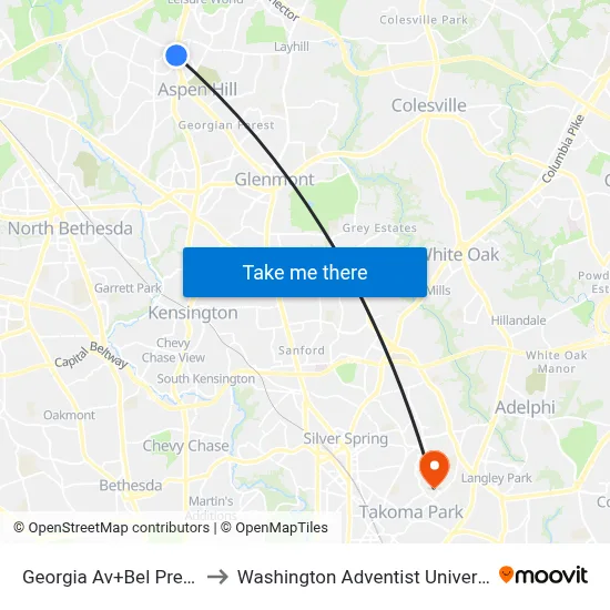 Georgia Av+Bel Pre Rd to Washington Adventist University map