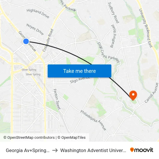 Georgia Av+Spring St to Washington Adventist University map