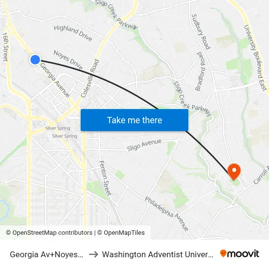 Georgia Av+Noyes Dr to Washington Adventist University map