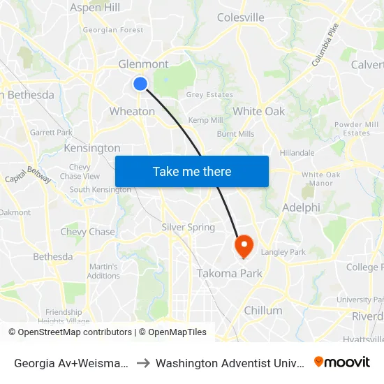 Georgia Av+Weisman Rd to Washington Adventist University map