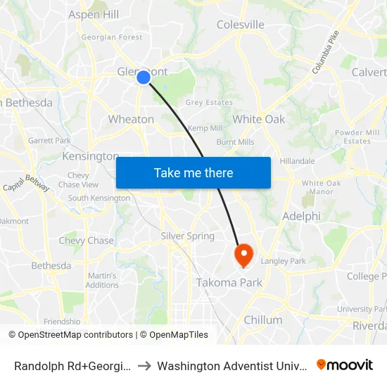 Randolph Rd+Georgia Av to Washington Adventist University map