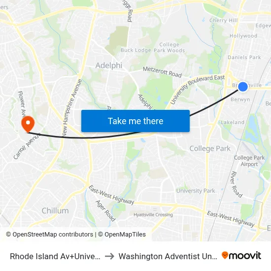 Rhode Island Av+University Bl to Washington Adventist University map