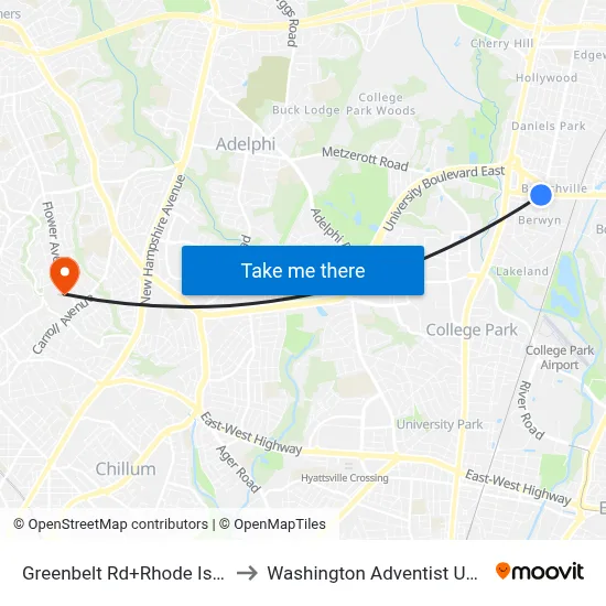 Greenbelt Rd+Rhode Island Av to Washington Adventist University map